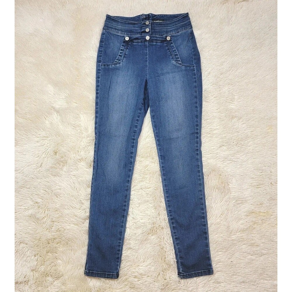 Bebe Women's Size 27 Sailor Skinny Jeans Dark Wash Metal Buttons Stretch Denim C